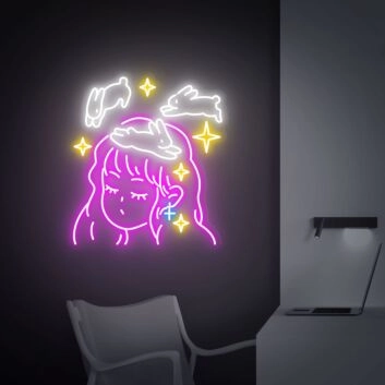 Mädchen mit Kaninchen und Sternen LED-Neonschild Wohnzimmer Schlafzimmer