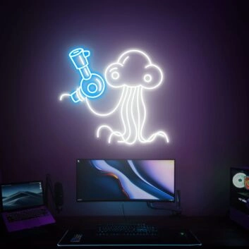 Futuristisches LED Neonschild mit Qualle und Teleskop Motiv im minimalistischen Space Design