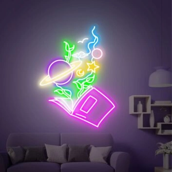 offenes Buch mit Weltraum- und Pflanzenmotiven LED-Neonschild Wohnzimmer Kinderzimmer
