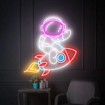 Transform Your Space: Rocket Astronaut LED Neon Sign for House Wall Art, Perfect for Bedrooms, Gaming Rooms, and Sci-Fi Themed Parties.