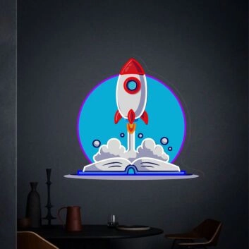 Rakete startet aus Buch LED-Neonschild Kinderzimmer Bibliothek