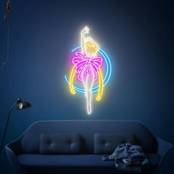 Abstraktes LED Neonschild mit tanzender Cartoon Figur und leuchtenden Linien im Anime Stil für moderne Wanddekoration