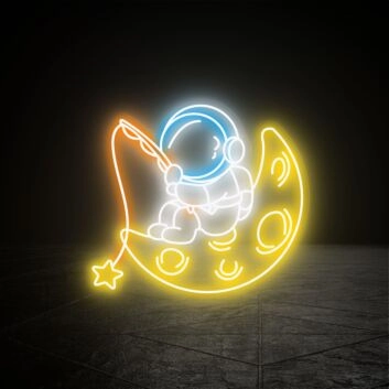 Astronaut LED Neonschild auf dem Mond mit Stern