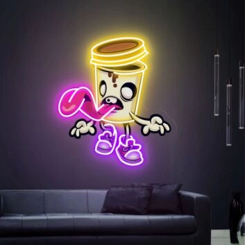 Comic Kaffeebecher mit Gesicht und Zunge LED-Neonschild Wohnzimmer Cafe