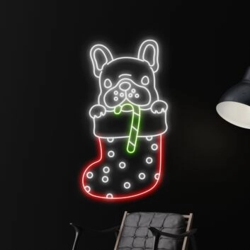 Französische Bulldogge in Weihnachtsstrumpf mit Zuckerstange LED-Neonschild Wohnzimmer Weihnachten