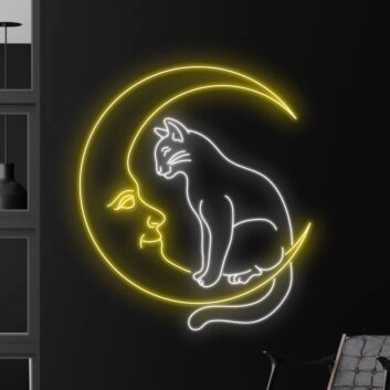 Katze auf Halbmond mit Gesicht LED-Neonschild Wohnzimmer Schlafzimmer