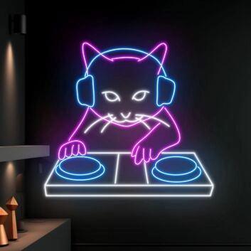 DJ Katze mit Kopfhörern LED-Neonschild für Bar Club