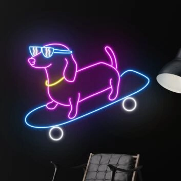 Neon LED Wandlicht mit cooler Hund Figur auf Skateboard für Wohnzimmer Gaming Zimmer Kinderzimmer oder moderne Wanddekoration