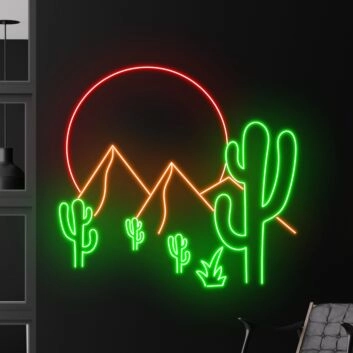 Kaktus mit Bergen und Sonne LED-Neonschild Wohnzimmer Bar