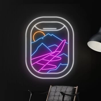 Flugzeugfenster mit Berglandschaft LED-Neonschild Wohnzimmer Büro