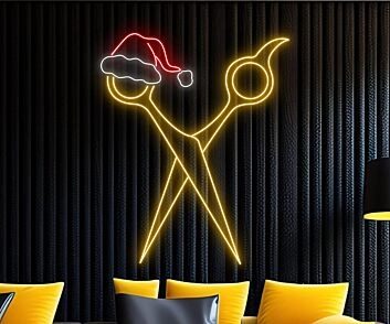 Friseurschere mit Weihnachtsmütze LED-Neonschild für Friseursalon Weihnachtsdekoration