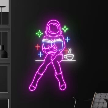 Astronaut Neon LED Wandlicht mit lesender Figur entspannte Space Atmosphäre Deko für Wohnzimmer Schlafzimmer Büro und kreative Räume