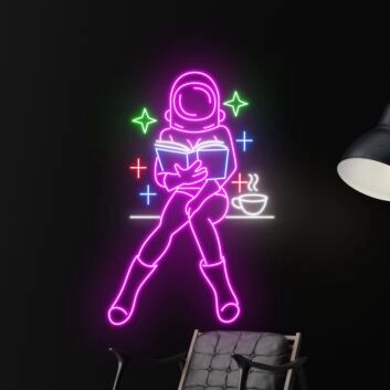 Astronaut Neon LED Wandlicht mit lesender Figur entspannte Space Atmosphäre Deko für Wohnzimmer Schlafzimmer Büro und kreative Räume
