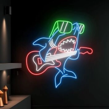Hai mit E-Gitarre und Sonnenbrille LED-Neonschild für Bar und Musikraum
