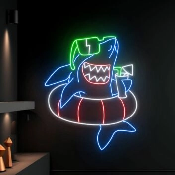 Hai mit Sonnenbrille und Cocktail im Schwimmring LED-Neonschild Bar Wohnzimmer