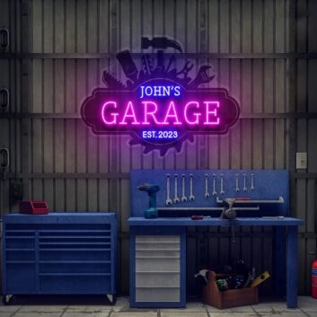 Personalisiertes Garage LED-Neonschild mit UV-Druck, Name, Werkzeug-Motiv & Jahreszahl