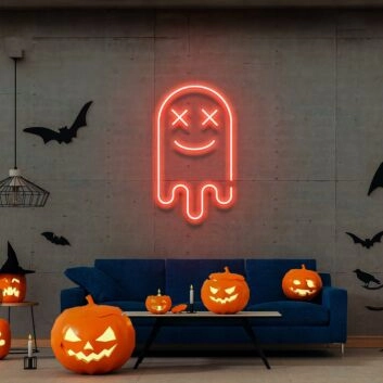 lächelnder Geist mit gekreuzten Augen LED-Neonschild Wohnzimmer Halloweenparty
