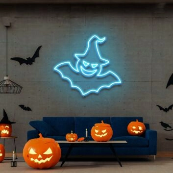 Fledermaus mit Hexenhut LED-Neonschild für Halloween Wohnzimmer