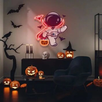 Astronaut mit Halloween-Kürbis LED-Neonschild für Halloween und Wohnzimmer