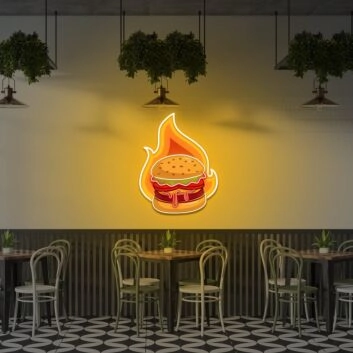 Feuriger Burger LED-Neonschild für Restaurant und Imbiss