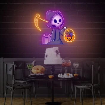Sensenmann mit Kürbis und Grabstein LED-Neonschild für Halloween Party