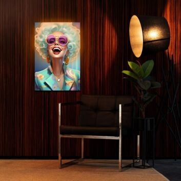 Porträt einer Person mit lockiger Perücke und buntem Blazer LED-Neonschild für Wohnzimmer Lounge