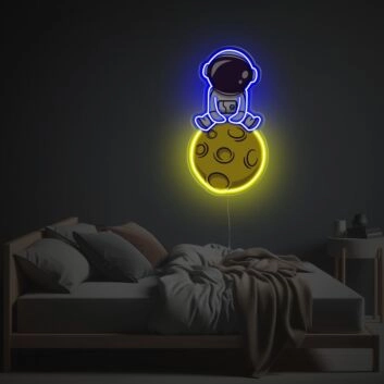 Neon LED Wanddekoration mit sitzendem Astronaut auf dem Mond ruhige Lichtkunst für Schlafzimmer Wohnzimmer oder moderne Wohnräume
