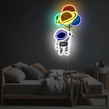 Neon LED Wandbeleuchtung Astronaut mit Planeten Ballons fantasievolle Weltraum Lichtdekoration für Kinderzimmer