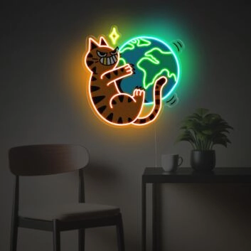 Cartoon Katze LED Neonschild mit Erde Motiv als dekoratives Wandlicht für Wohnzimmer Schlafzimmer und kreative Räume
