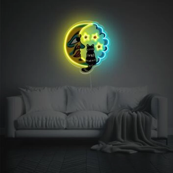 Abstrakte Katze im Mond LED Neonschild mit Sternen als dekoratives Wandlicht für Wohnzimmer Schlafzimmer und kreative Räume