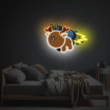 Niedlicher Cartoon Bär LED Neonschild mit Geweih und Rucksack als dekoratives Wandlicht für Kinderzimmer Schlafzimmer und kreative Räume