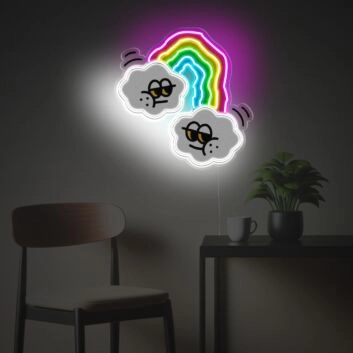 Verspielte Regenbogen LED Neonschild mit zwei Wolken als dekoratives Wandlicht für Kinderzimmer Schlafzimmer und kreative Wohnräume