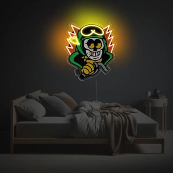 Cartoon Totenkopf LED Neonschild mit Schutzbrille und Blitz Effekten als dekoratives Wandlicht für Gaming Zimmer moderne Wohnräume und kreative Bereiche