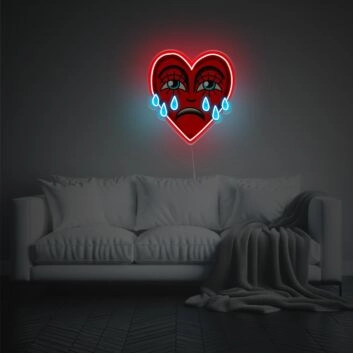 Ausdrucksstarkes Herz LED Neonschild im Cartoon Stil mit Augen und Tropfen als moderne Neon Wanddekoration für kreative Wohnräume