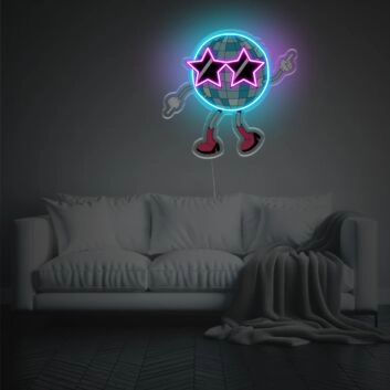 Modernes LED Neonschild mit Disco Kugel Cartoon Figur und Sternenbrille im Illustration Stil als kreative Neon Wandbeleuchtung
