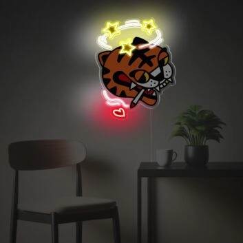 Verspieltes LED Neonschild mit Cartoon Tiger Kopf, Sternen und Herz im modernen Illustration Stil als kreative Wandbeleuchtung