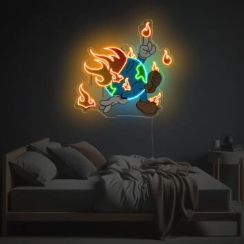 Auffälliges LED Neonschild mit brennender Erde im Cartoon Stil als moderne Statement Wanddekoration
