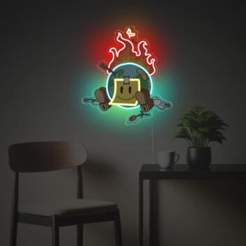 Brennende Erde mit Comic-Gesicht LED-Neonschild für Wohnzimmer oder Gamingzimmer