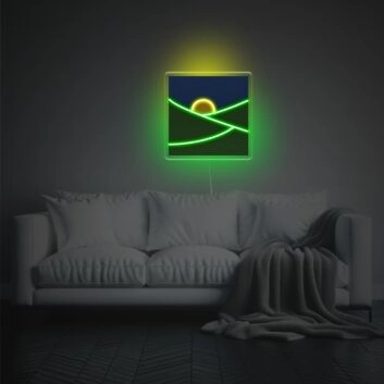 Graslandschaft mit gelbem Mond LED-Neonschild aus Acryl