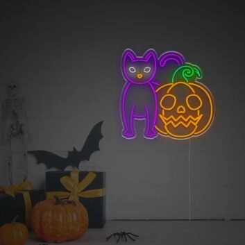 Halloween LED Neonschild mit schwarzer Katze und Kürbis Wanddekoration