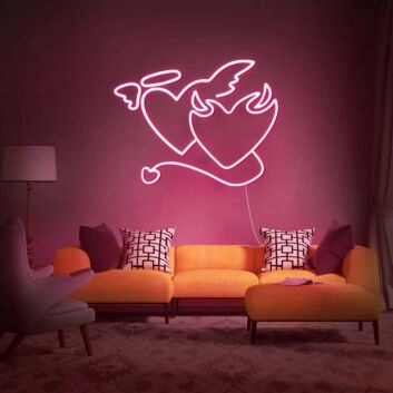 Zwei Herzen mit Flügeln und Teufelsschwanz LED-Neonschild Wohnzimmer Schlafzimmer