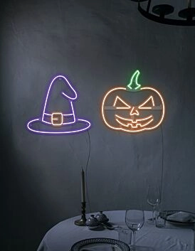 Hexenhut und Kürbis LED-Neonschild für Halloween Party