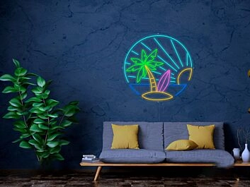 Tropische Insel mit Palmen und Sonnenuntergang LED-Neonschild Wohnzimmer Bar