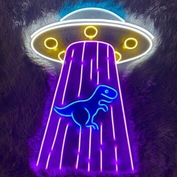 LED Neonschild mit UFO und Dinosaurier als leuchtende Wanddekoration für Kinderzimmer Gamingraum und moderne Wohnräume