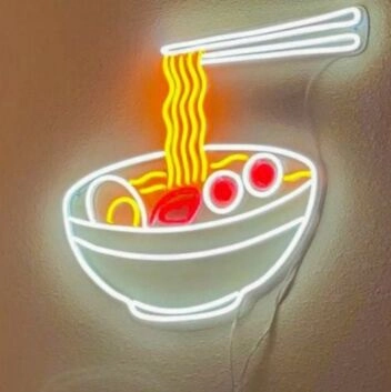 LED Neonschild mit Ramen Nudeln Schüssel und Essstäbchen Motiv als moderne Wanddekoration für Küche Restaurant Bar Streetfood Shop oder asiatisches Ambiente