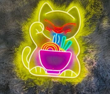 LED Neonschild süße Katze mit Ramen Schüssel als bunte Wandbeleuchtung für Küche Restaurant Ramen Bar Anime Raum oder gemütliche Wohnraumdekoration