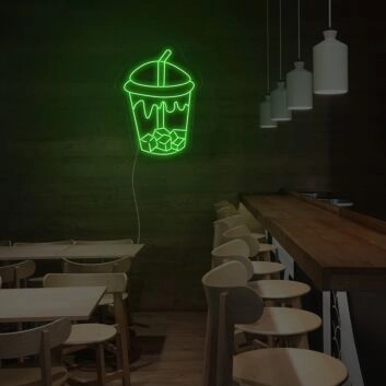 Getränkebecher mit Strohhalm und Eiswürfeln LED-Neonschild für Café Bar