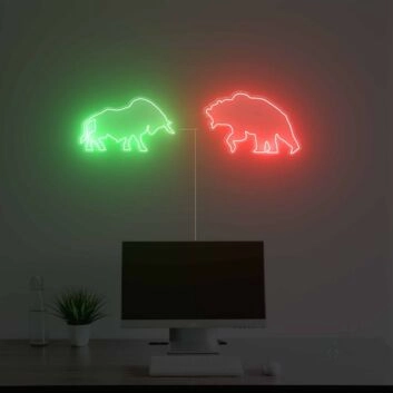 Abstraktes LED Neonschild mit zwei Bären Silhouetten in grün und rot für moderne Wanddekoration