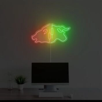 Abstraktes LED Neonschild mit Stier und Bär Motiv als moderne Wanddekoration