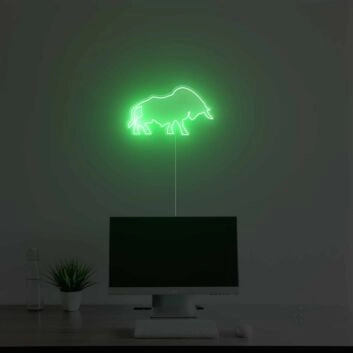 Grünes LED Neonschild mit abstrahiertem Stier Motiv als moderne Wanddekoration